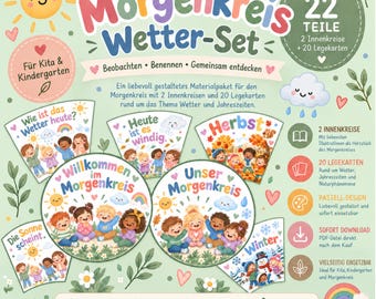 May include: A 22-piece educational weather set for children featuring colorful illustrations of kids, seasonal scenes, and German text including Morgenkreis Wetter-Set, Willkommen im Morgenkreis, and Unser Morgenkreis, presented on a light green background.