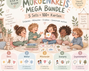 May include: A Morgenkreis Mega Bundle educational card set featuring 100+ illustrated cards across 5 categories: Basis, Wetter, Miteinander, Bewegung, and Gesprächsimpulse. The design includes five diverse children sitting in a circle with cards.