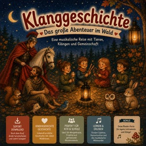 Könnte beinhalten: Eine digitale Illustration mit dem Titel Klanggeschichte Das große Abenteuer im Wald, die eine Gruppe von Kindern zeigt, die um eine Laterne im Wald musizieren, begleitet von einer Person in Rüstung, einem Pferd und verschiedenen Waldtieren.