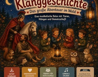 May include: A digital illustration titled Klanggeschichte Das große Abenteuer im Wald featuring a group of children playing musical instruments around a lantern in a forest with a person in armor, a horse, and various woodland animals under a night sky.
