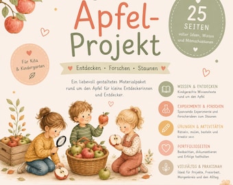 May include: A digital educational activity pack titled Unser Apfel-Projekt featuring 25 pages of apple-themed content. The cover displays three children interacting with apples, a basket, and a magnifying glass, alongside text and icons.