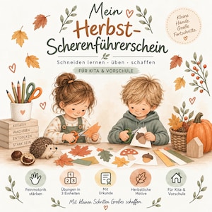 May include: A children's activity book titled Mein Herbst-Scherenführerschein featuring illustrations of two children cutting out paper shapes. The cover includes autumn leaves, a pumpkin, a hedgehog, and text about learning to cut.