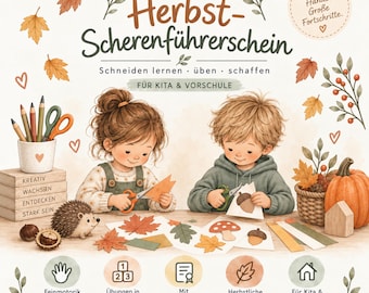 May include: A children's activity book titled Mein Herbst-Scherenführerschein featuring illustrations of two children cutting out paper shapes. The cover includes autumn leaves, a pumpkin, a hedgehog, and text about learning to cut.