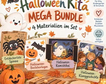 May include: A Halloween Kita Mega Bundle set featuring four educational materials including a spider craft bag, paper templates, a Kamishibai storytelling frame with ghost illustrations, and a musical sound story kit with instruments like a xylophone.