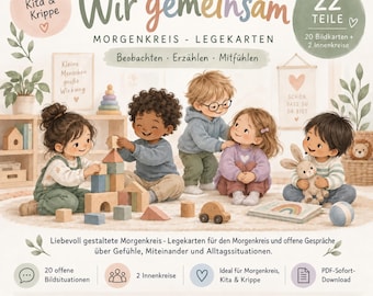 May include: A set of 22 educational cards titled Wir gemeinsam, featuring illustrations of children playing with wooden blocks and toys. The cards include 20 image cards and 2 inner circles, designed for group discussions about feelings and daily life.