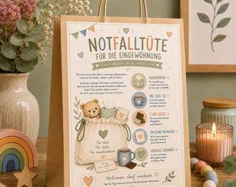 May include: A brown paper gift bag featuring the German text NOTFALLTÜTE FÜR DIE EINGEWÖHNUNG, illustrated with a teddy bear, a tissue box, a tea cup, and chocolate. The design includes heart motifs and a list of items with descriptive text.