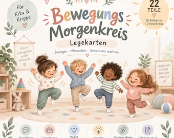 May include: A set of 22 educational cards titled Bewegungs Morgenkreis Legekarten featuring illustrations of four children dancing. The design includes a rainbow, text, and icons indicating 20 picture cards and 2 inner circles for group activities.