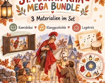 May include: A St. Martin Kita Mega Bundle educational set featuring a Kamishibai theater, a Klanggeschichte musical story, and a Legekreis puzzle. The illustration depicts a person in a red cloak on a white horse, children with lanterns, and a person in rags.