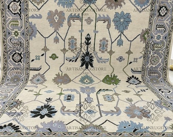 Hand Knotted Wool Oushak Rug: Muted Beige & Green Accent