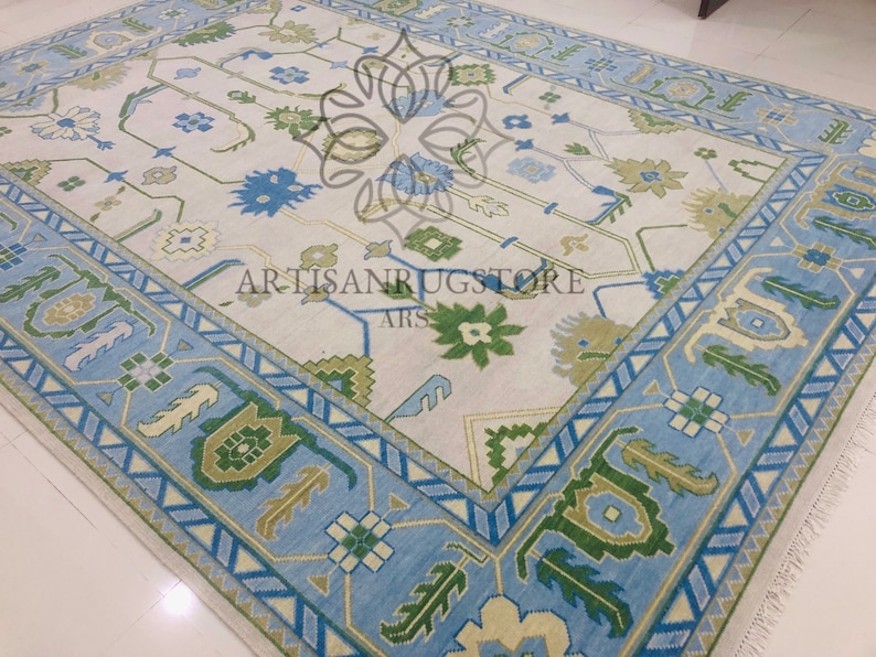 New Oushak Olive Green With Sea Blue Background Modern Oushak Rug Olive