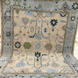 Hand Knotted Wool Oushak Rug: Muted Green Accent, Hall or Bedroom