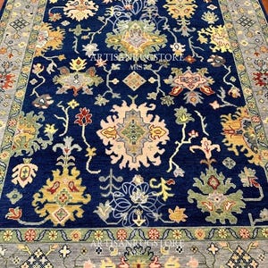 Handmade Wool Oushak Rug: Blue Floral Living Room Rug