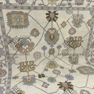 Hand Knotted Oushak Rug: Muted Floral Design, 9x12 Wool Turkish Rug