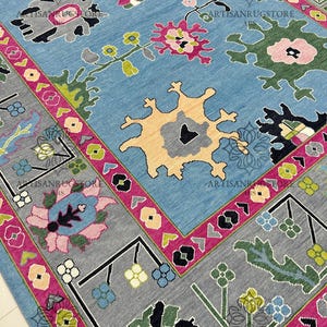 Blue & Grey Border Oushak Hand Knotted Rug Turkish Knots Modern colourful rug 100 % Wool Rug Hall Rug, Bedroom Rug | 8x10, 9x12, ARS - 0345