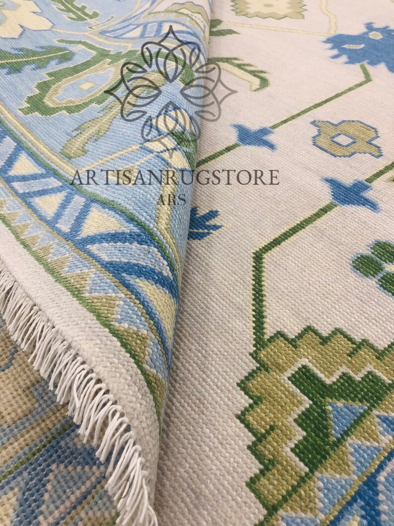 New Oushak Olive Green With Sea Blue Background Modern Oushak Rug Olive