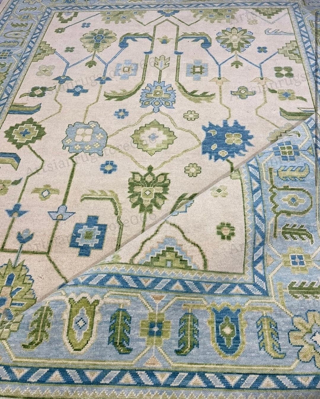 9x12 Handmade Modern Oushak Rug With Sea Blue Border Olive Green Blue
