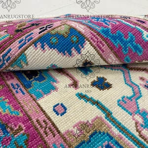 Colorfull pink border Oushak Hand Knotted Rug Turkish Oushak rug 100 % Wool Rug Hall Rug, Bedroom Rug | 8x10, 9x12, 10x14 ARS - 0238