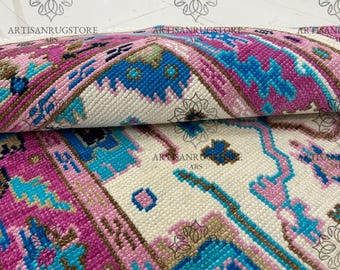 Oushak-tapijt met roze rand: handgeknoopt wollen Turks tapijt