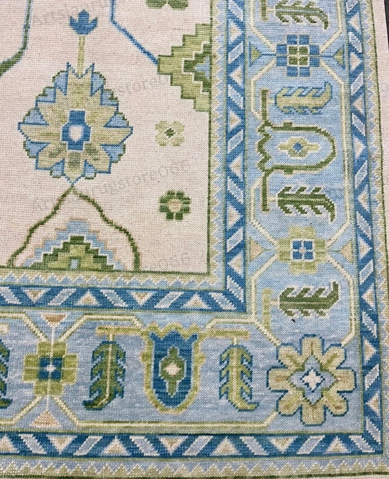 9x12 Handmade Modern Oushak Rug with Sea Blue Border Olive green Blue