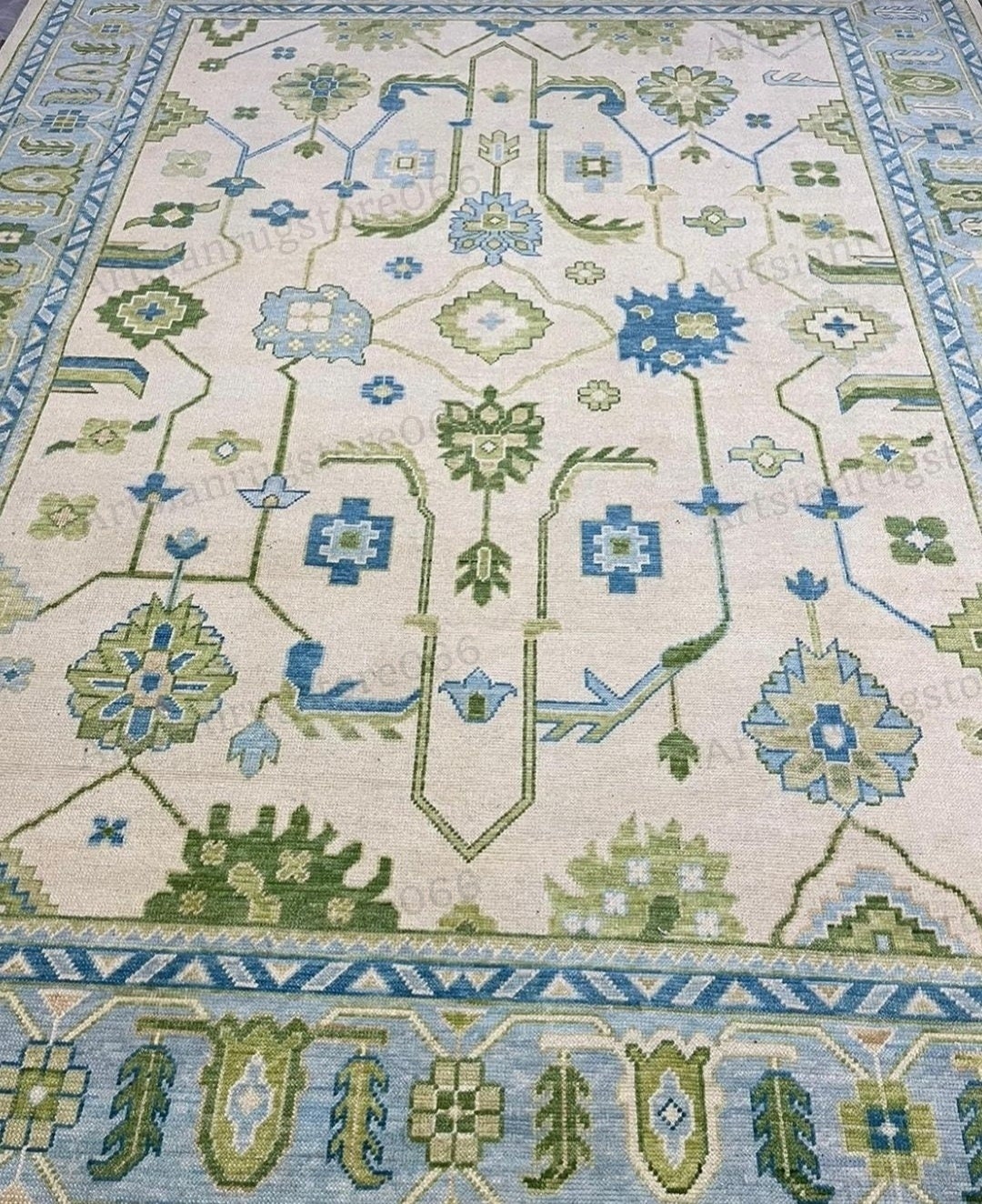 9x12 Handmade Modern Oushak Rug With Sea Blue Border Olive