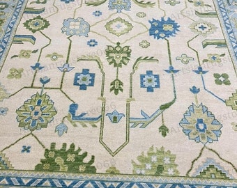 9x12 Handmade Modern Oushak Rug with Sea Blue Border Olive green Blue Accent Modern Rug | Living Room rug Floral Design 6x9, 8x10, ARS - 06