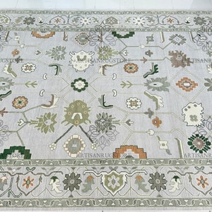 Hand Knotted Wool Oushak Rug: Green Accent, Hall Rug