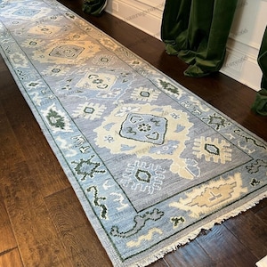 3x10 Feet Grey With Green Acent Modern Oushak Rug Best For Your Kitchen, Gallery Stair Area Rug Handmade 100% wool | Oushak Runner ARS - 042