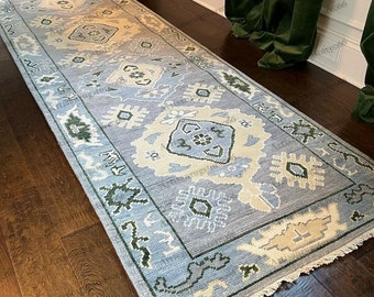 Handmade Wool Oushak Runner Rug: Grey & Green Accent, Modern Design