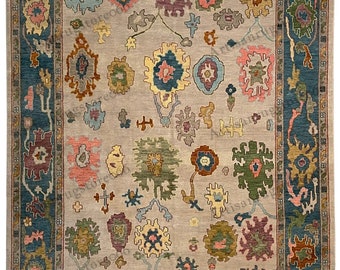 9x12, Best Area Oushak Hand Knotted Rug Persian Weave With Green Ascent & Cream Border Rug Wool Area | 8x10, 9x12, 10x14 Area Rugs ARS - 047