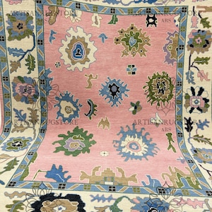 Pink Oushak Hand Knotted Rug With Green And Blue Acent & 100 % Wool Rug Hall Rug, Bedroom Rug | 8x10, 9x12, 10x14 ARS - 125