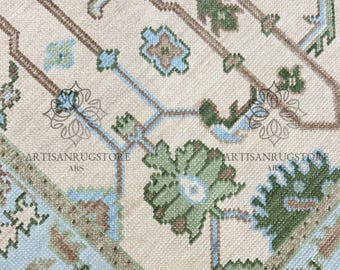 Hand Knotted Oushak Wool Rug: Muted Turkish Knot Area Rug