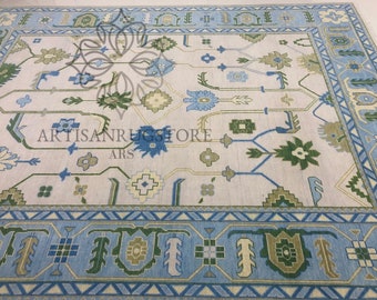 New oushak olive green with sea blue background Modern Oushak rug Olive green| Living Room rug Floral Design 6x9, 8x10, ARS - 06