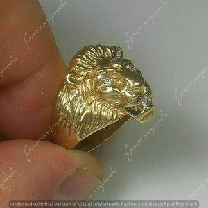 Solid 14K Yellow Gold Finish Men's Round-Cut Real Moissanite Lion Head Engagements Wedding For Gift Ring