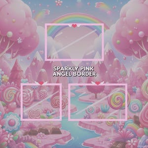 Puede incluir: Una ilustración digital de un país de caramelo rosa y azul con un arcoíris y tres marcos. El texto "Sparkly Pink Angel Border" está en el centro de la imagen.