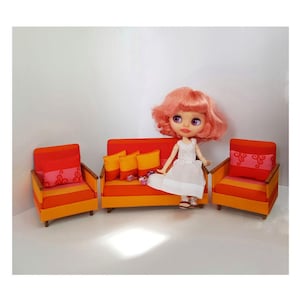 Handmade 1:6 Scale Doll Furniture Set – Sofa + 2 Armchairs + Cushions – Mid-Century Modern Style