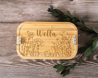 Brotdose / Lunchbox / Edelstahl / Bambusdeckel / Gravur mit Hase Fuchs Blumenwiese und Namen / personalisiert / Geschenkidee Kinder