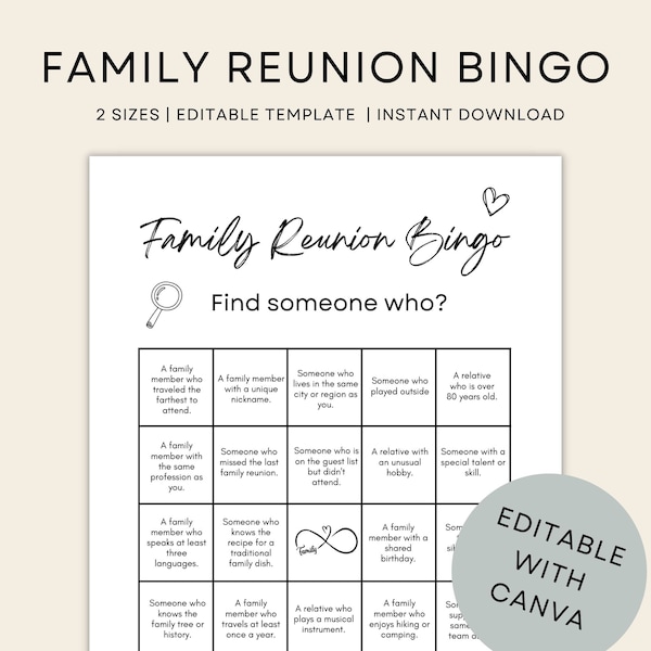 Family Reunion Bingo, family reunion games, games for family, family reunion ideas, Editable Template, Printable, PDF
