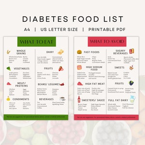 Elenco degli alimenti per il diabete, diabete di tipo 2, grafico degli alimenti per diabetici, stampabile, PDF, download istantaneo