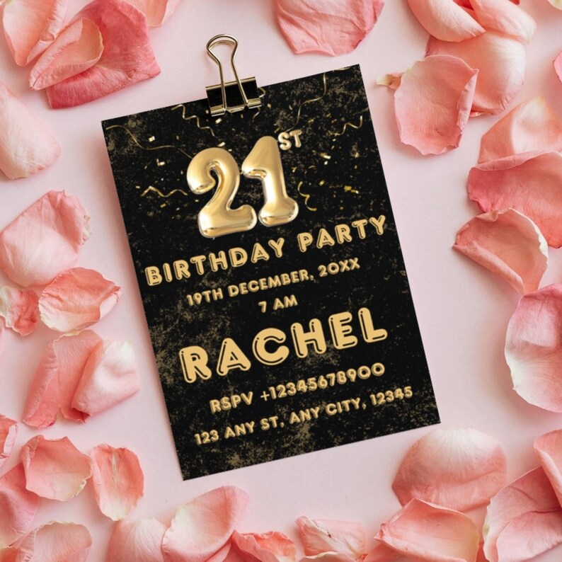 Editable 21st Birthday Invitation Template, Black&amp;gold 21st Birthday ...