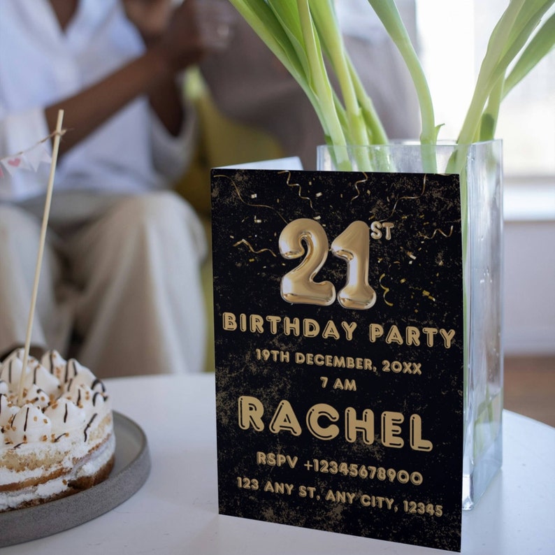 Editable 21st Birthday Invitation Template, Black&amp;gold 21st Birthday ...