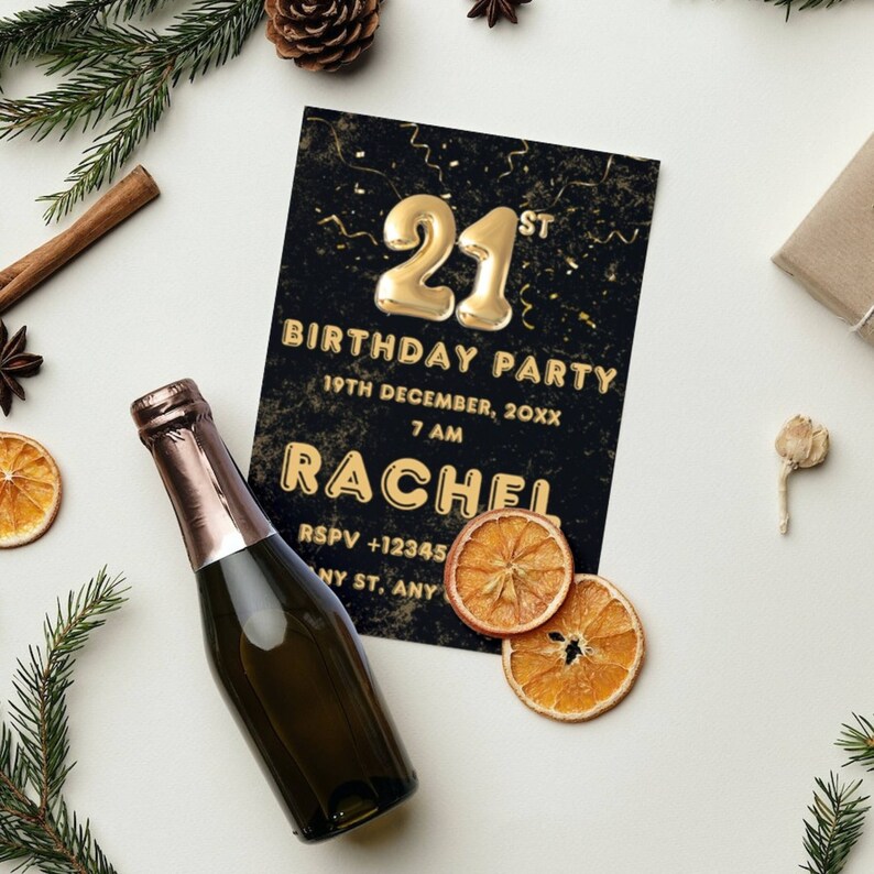 Editable 21st Birthday Invitation Template, Black&amp;gold 21st Birthday ...
