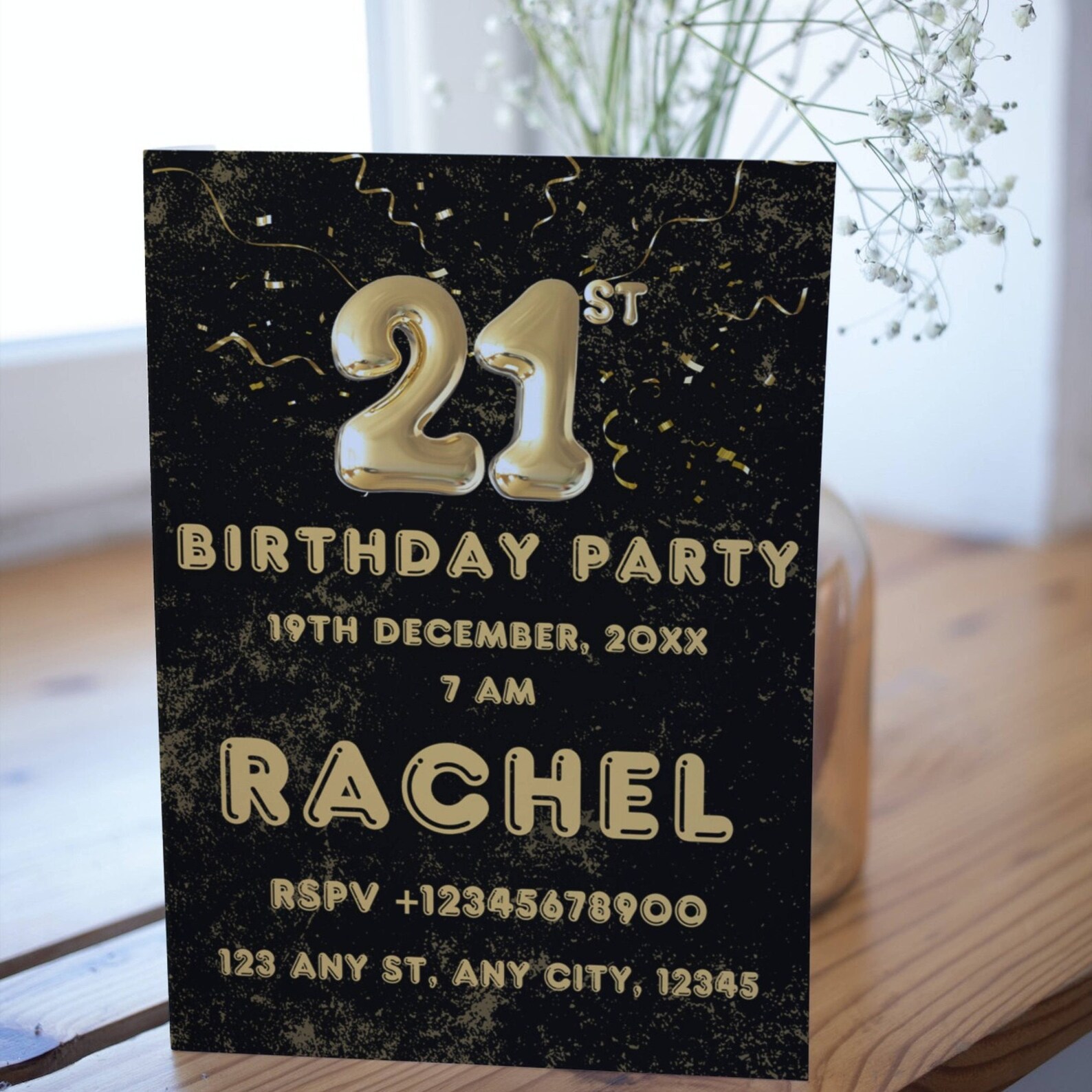 Editable 21st Birthday Invitation Template, Black&amp;gold 21st Birthday ...