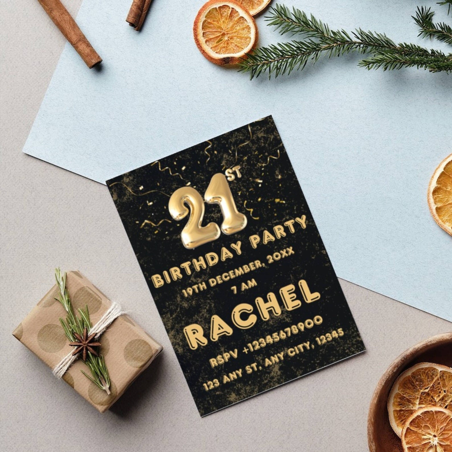 Editable 21st Birthday Invitation Template, Black&amp;gold 21st Birthday ...