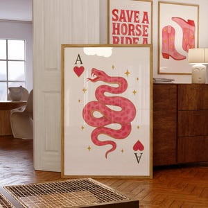 Impression aquarelle serpent As de coeur • Art de cartes à jouer serpent rose • Décoration murale bohème occidentale • Téléchargement numérique instantané