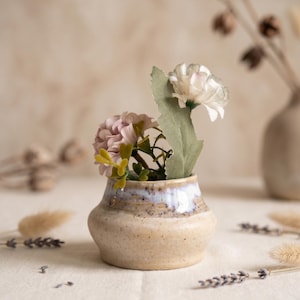May include: A small, speckled ceramic vase with a light brown and white glaze, holding pink and white flowers with green leaves. The vase sits on a cream-colored surface, with dried flowers and stems in the background.