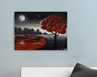 Acrylbild auf Leinwand roter Baum an rotem See handgemalt
