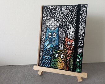 Notizbuch, Tagebuch Katzenfamilie trifft Zentangle A5-Format Hardcover liniert, 120 Seiten mit Gummibandverschluss, Acrylbild handgemalt