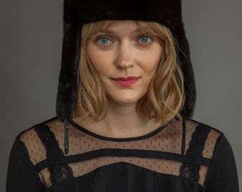 Mink Fur Hat Ushanka in Luxury Black Mink Fur