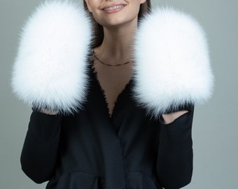 Wool Fingerless Mittens With High Quality White Saga Fox Fur