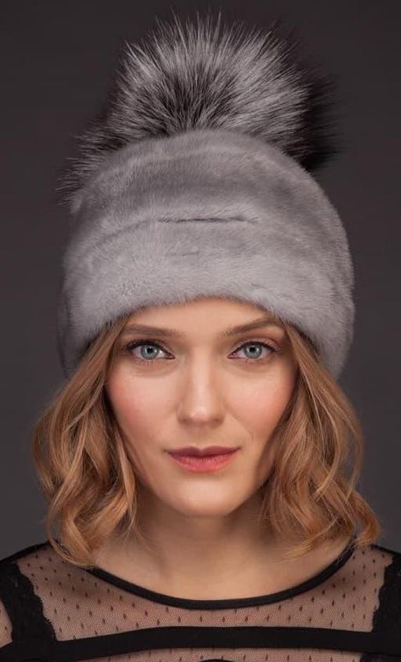 Sapphire Mink Fur Hat with Fox Fur Trim Women′s hat made of natural mink fur with fox trim - Sapphire main image 4